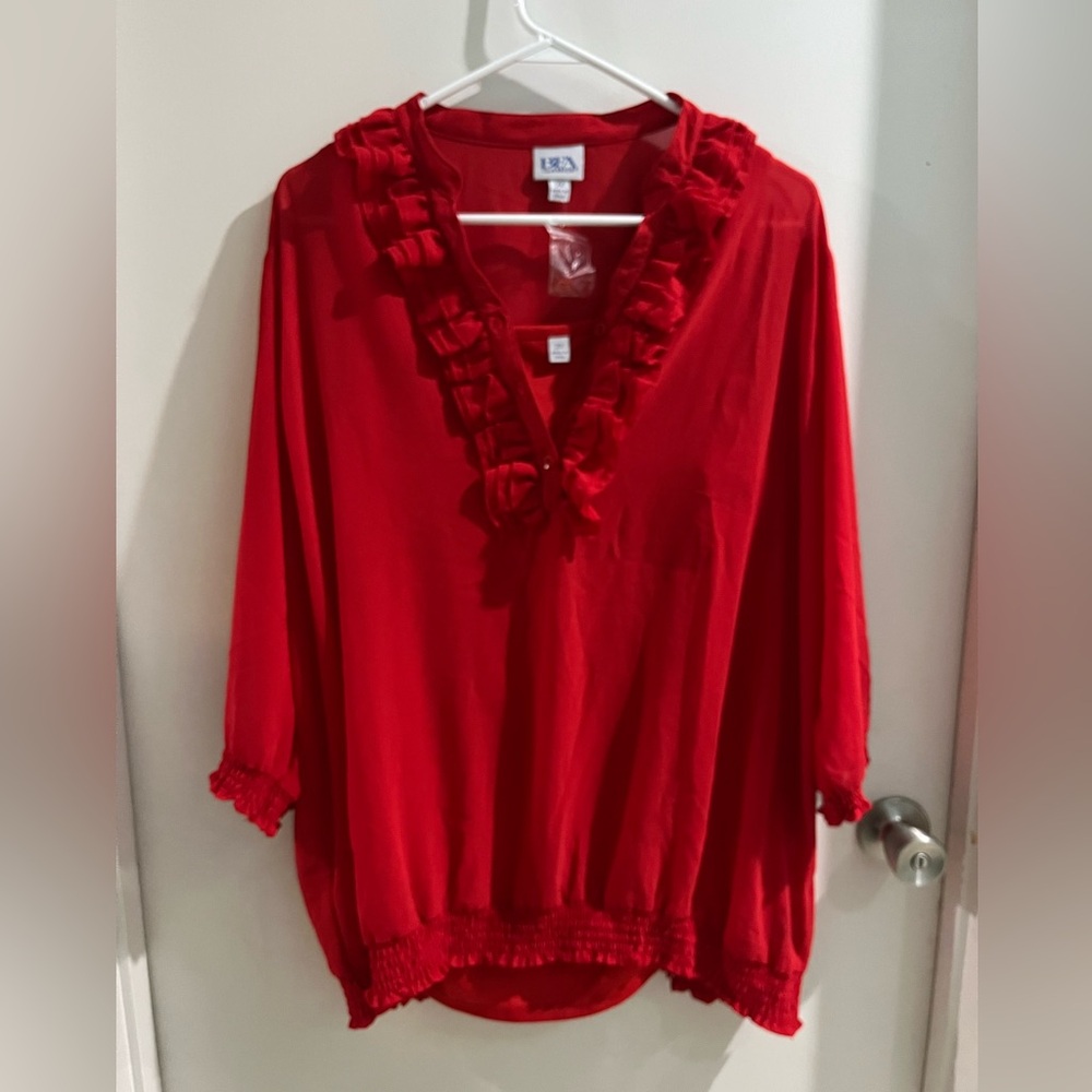 BFA Classics Vibrant Red Ruffle V-Neck Tunic Top, size 2X, new!